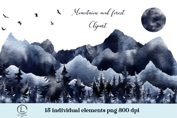 Watercolor Mountains and Forest Clipart